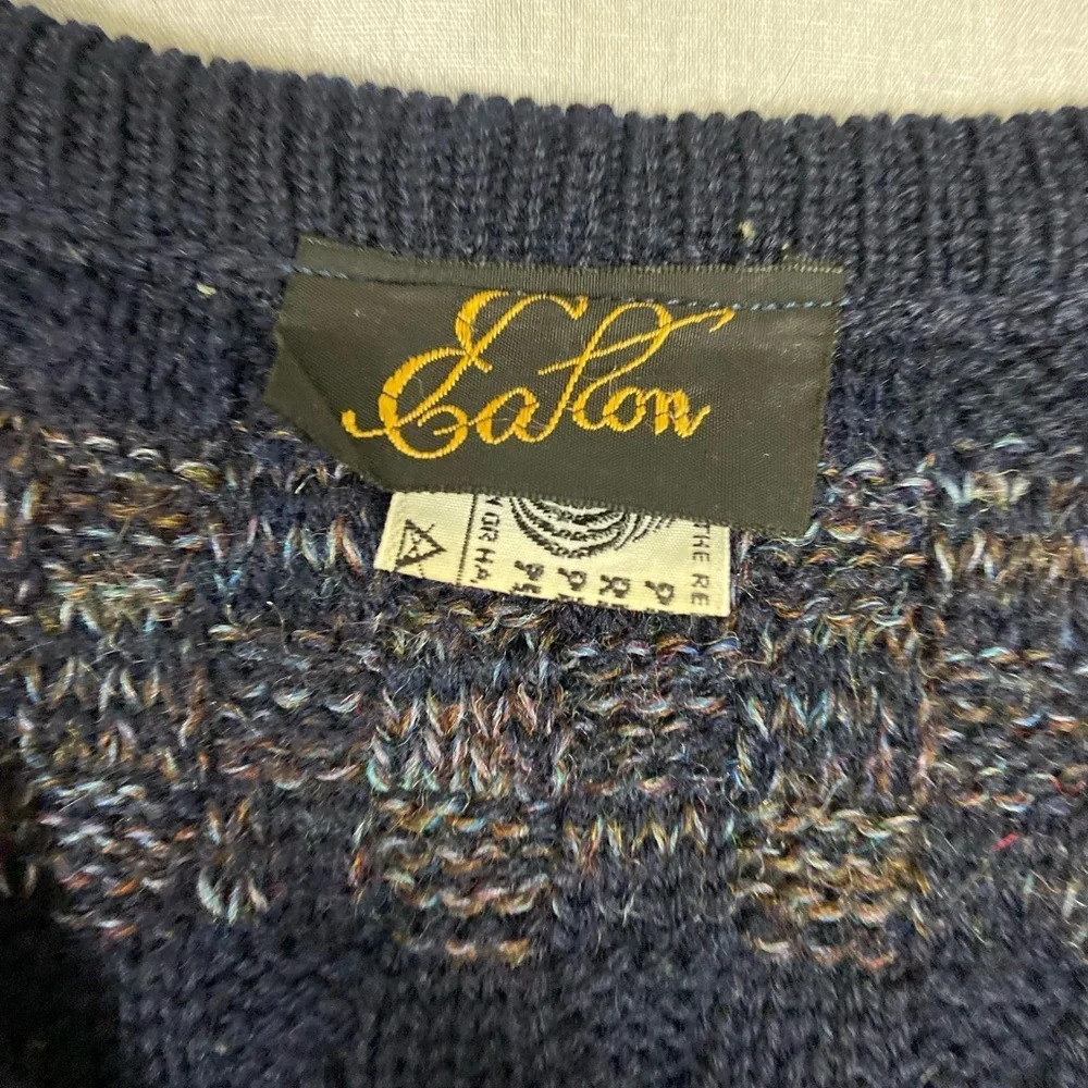 Vintage Eaton Cosby V Neck Pure Wool Knit Sweater Size L Blue - Picture 6 of 10